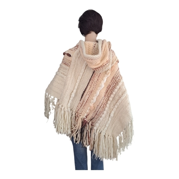 martine gruber vintage 100 pure virgin wool Hand woven poncho with hood fringes - Picture 6 of 16